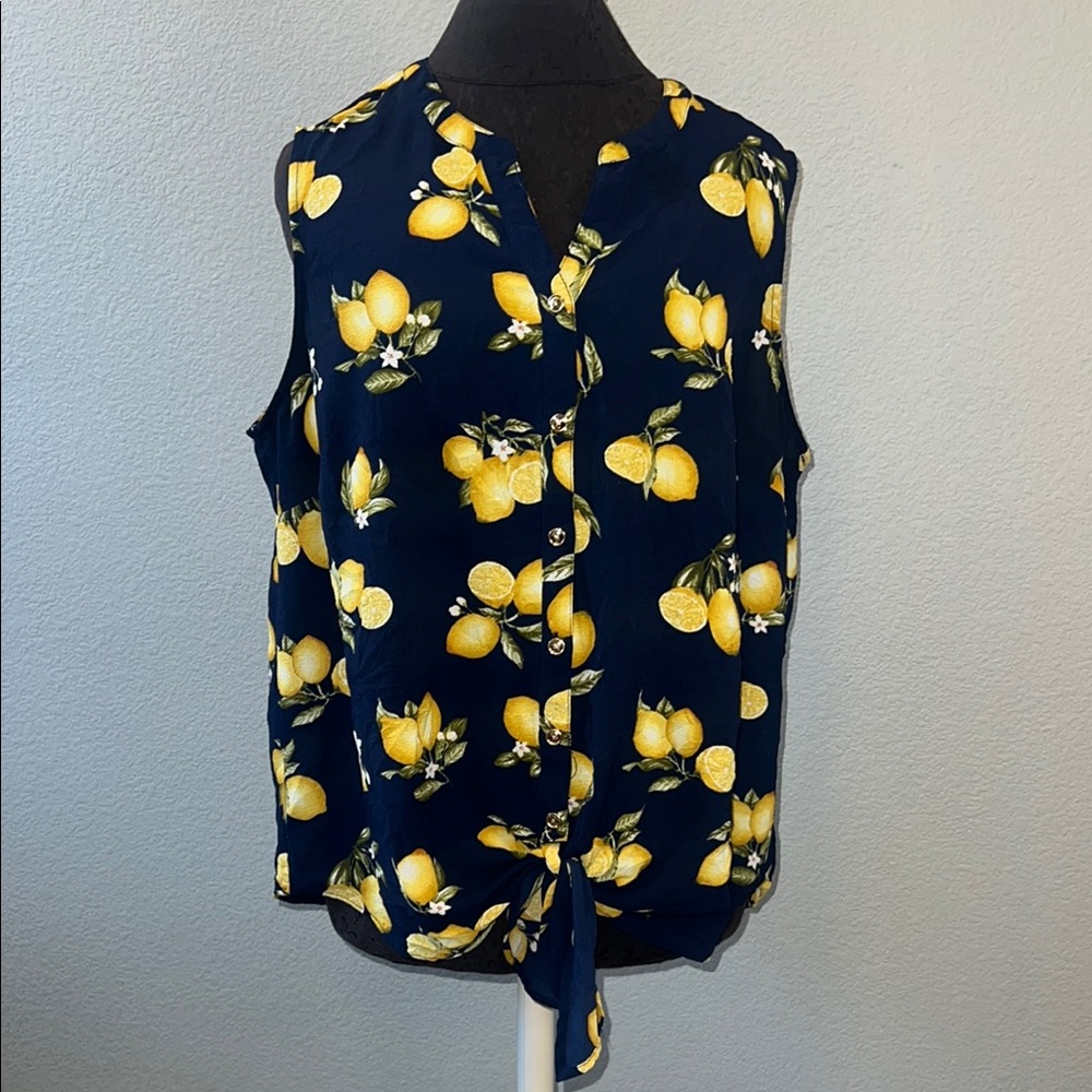 Roz & Ali Navy Lemon Print Sleeveless Tie Blouse Size 1X